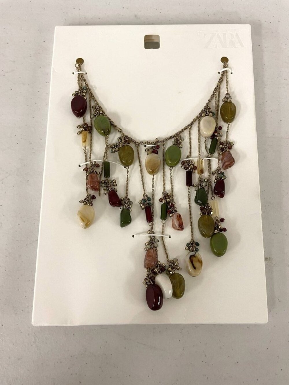 Zara Statement Necklace Multi-Color Stone Bead Fringe Dangle Gold Tone NWT